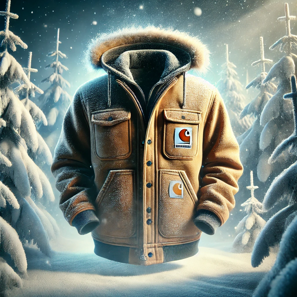 DALL·E 2024-11-19 11.10.02 - A rugged Carhartt jacket displayed prominently in the front and center of the image. The background features a cold, wintry scene with snow-covered tr